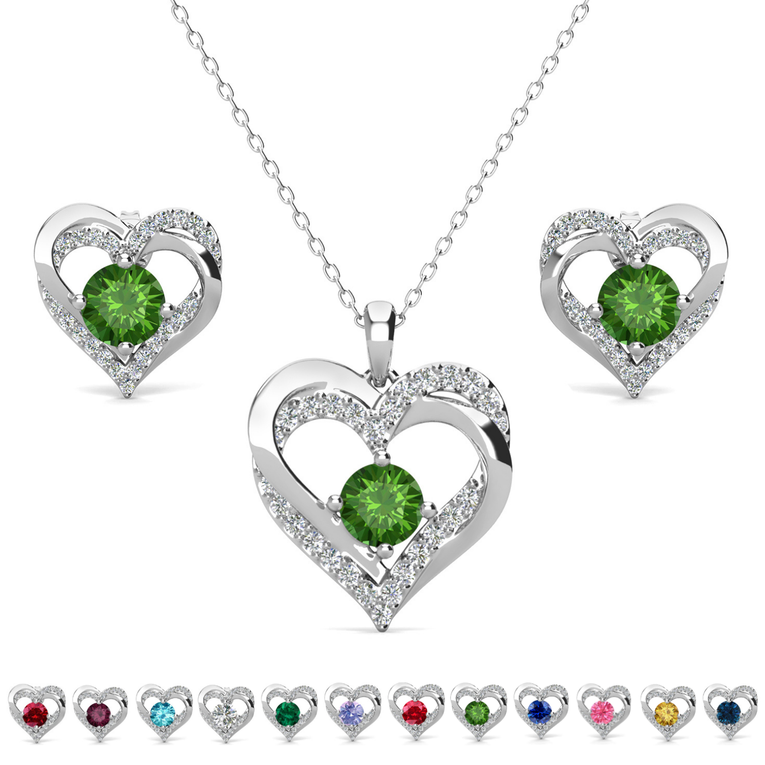 Forever Birthstone 18k White Gold Plated Silver Double Heart Earrings and Necklace Set with Swarovski Crystals