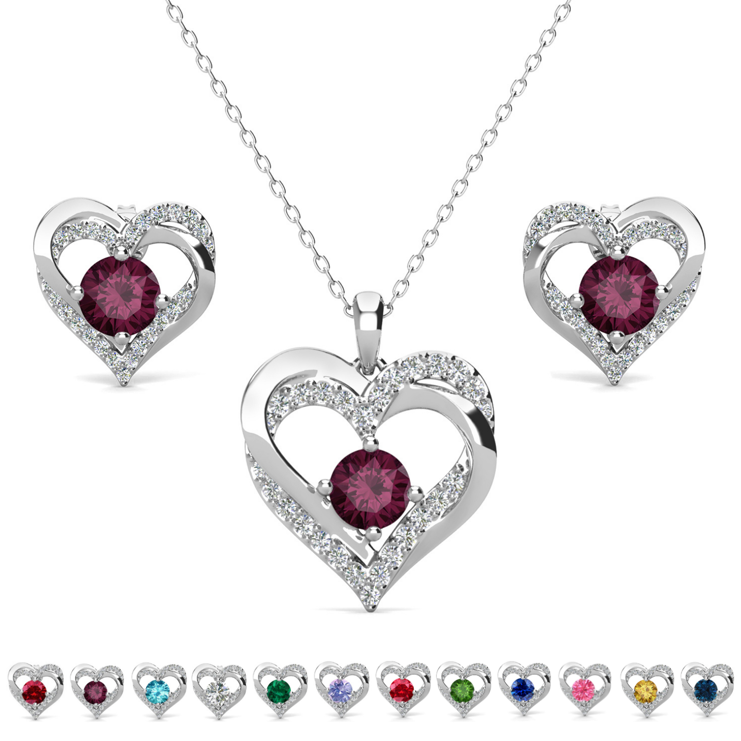 Forever Birthstone 18k White Gold Plated Silver Double Heart Earrings and Necklace Set with Swarovski Crystals
