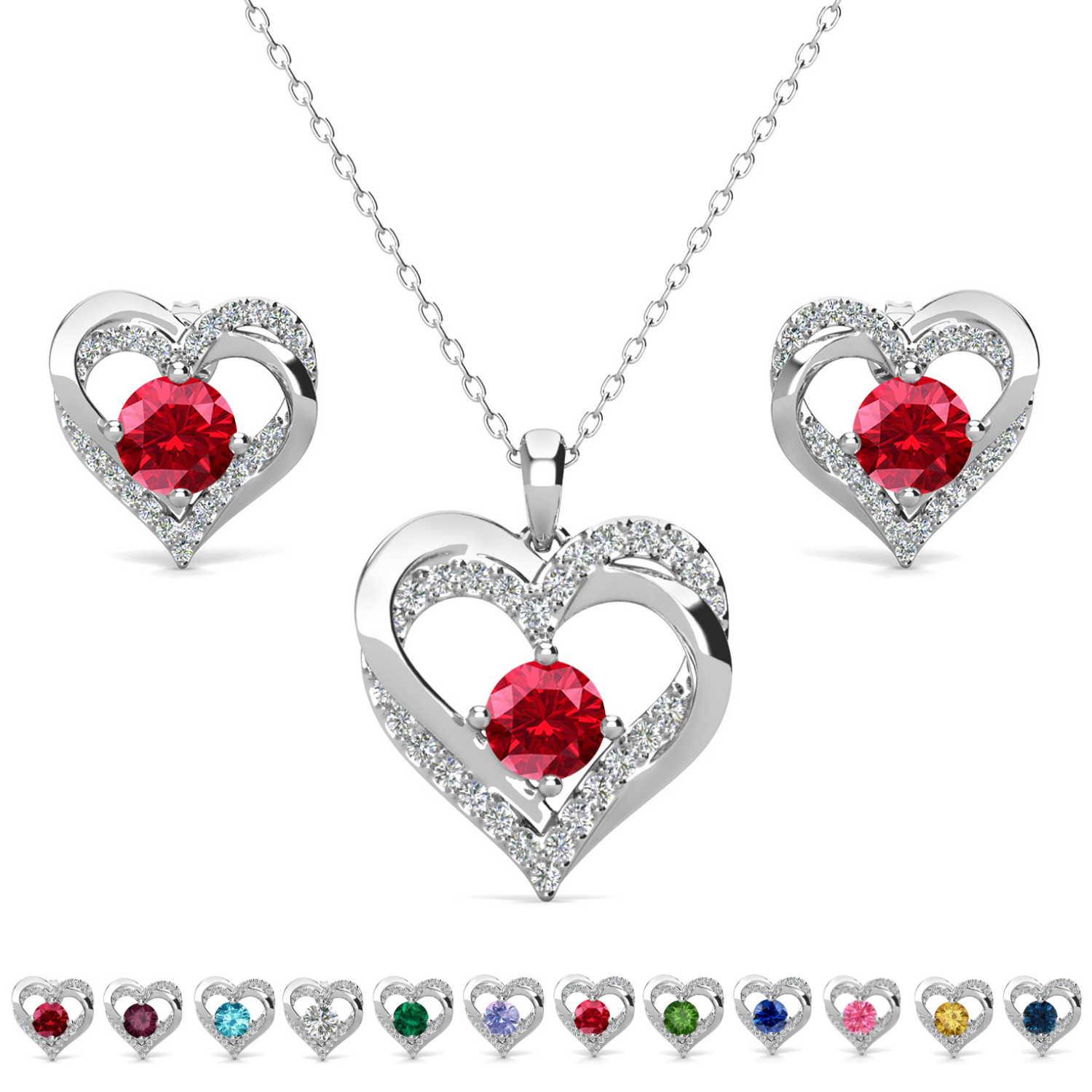 Forever Birthstone 18k White Gold Plated Silver Double Heart Earrings and Necklace Set with Swarovski Crystals