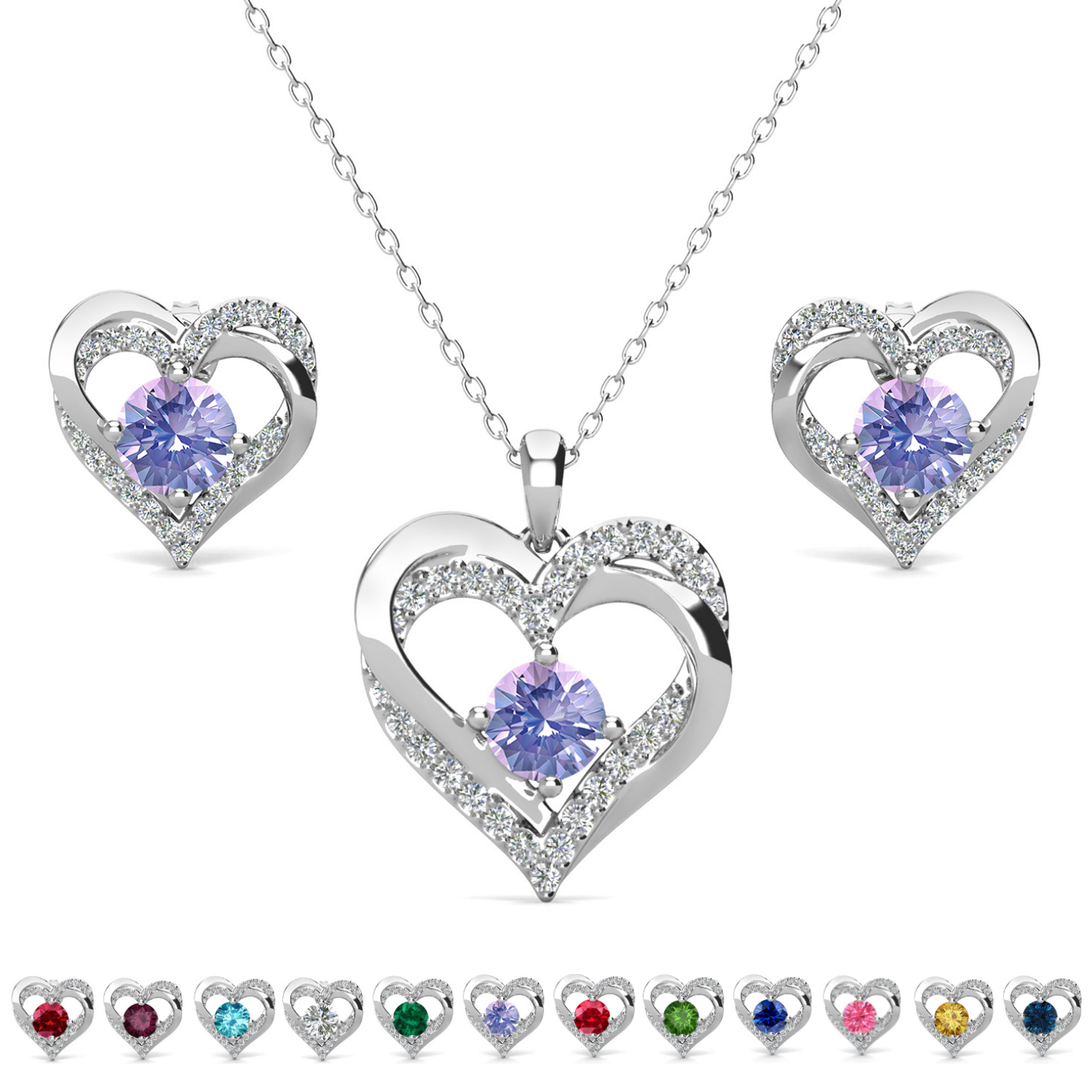 Forever Birthstone 18k White Gold Plated Silver Double Heart Earrings and Necklace Set with Swarovski Crystals