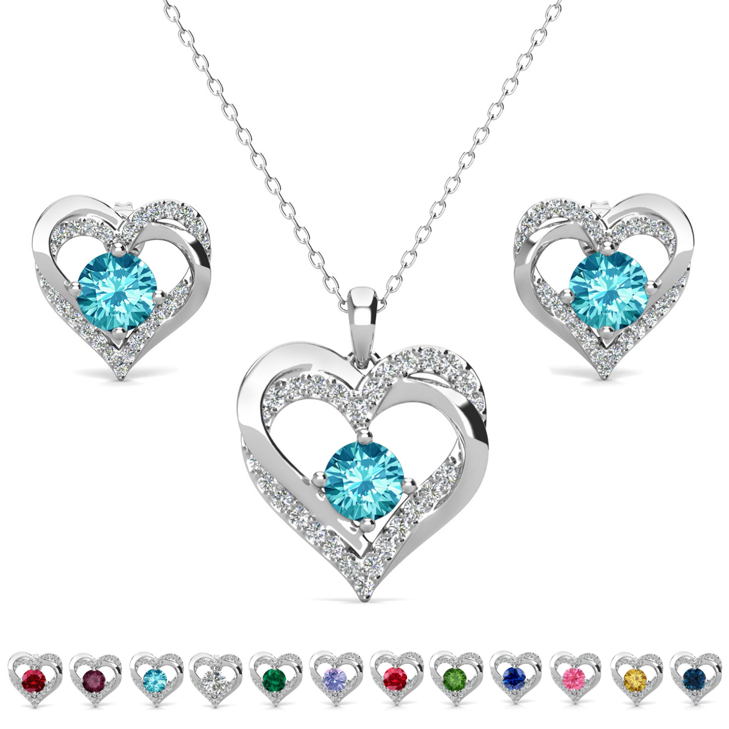 Forever Birthstone 18k White Gold Plated Silver Double Heart Earrings and Necklace Set with Swarovski Crystals