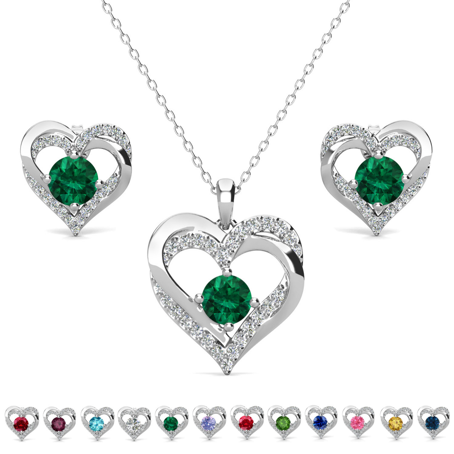 Forever Birthstone 18k White Gold Plated Silver Double Heart Earrings and Necklace Set with Swarovski Crystals