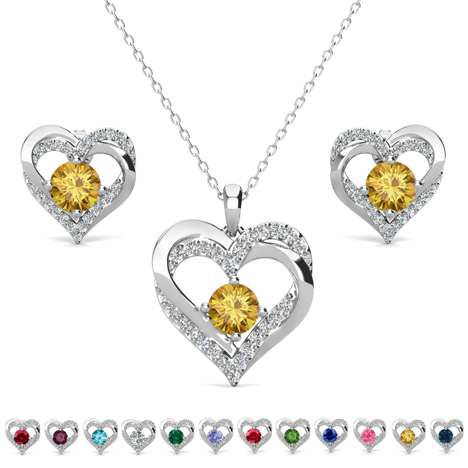 Forever Birthstone 18k White Gold Plated Silver Double Heart Earrings and Necklace Set with Swarovski Crystals