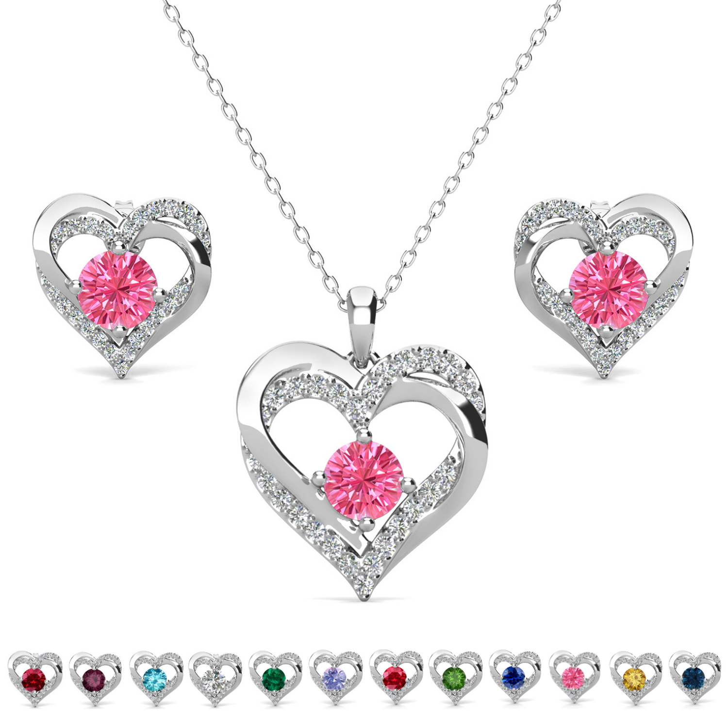 Forever Birthstone 18k White Gold Plated Silver Double Heart Earrings and Necklace Set with Swarovski Crystals