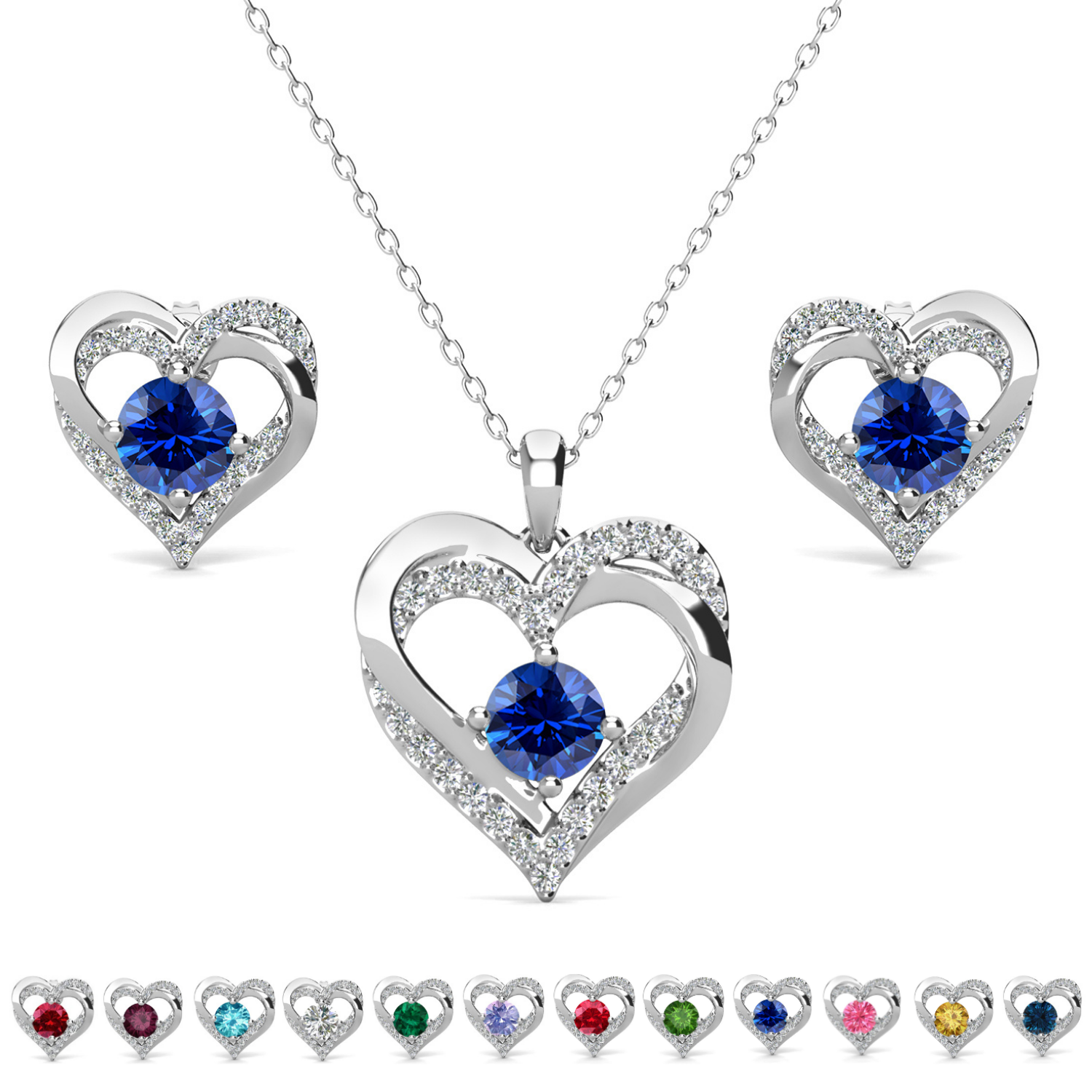 Forever Birthstone 18k White Gold Plated Silver Double Heart Earrings and Necklace Set with Swarovski Crystals