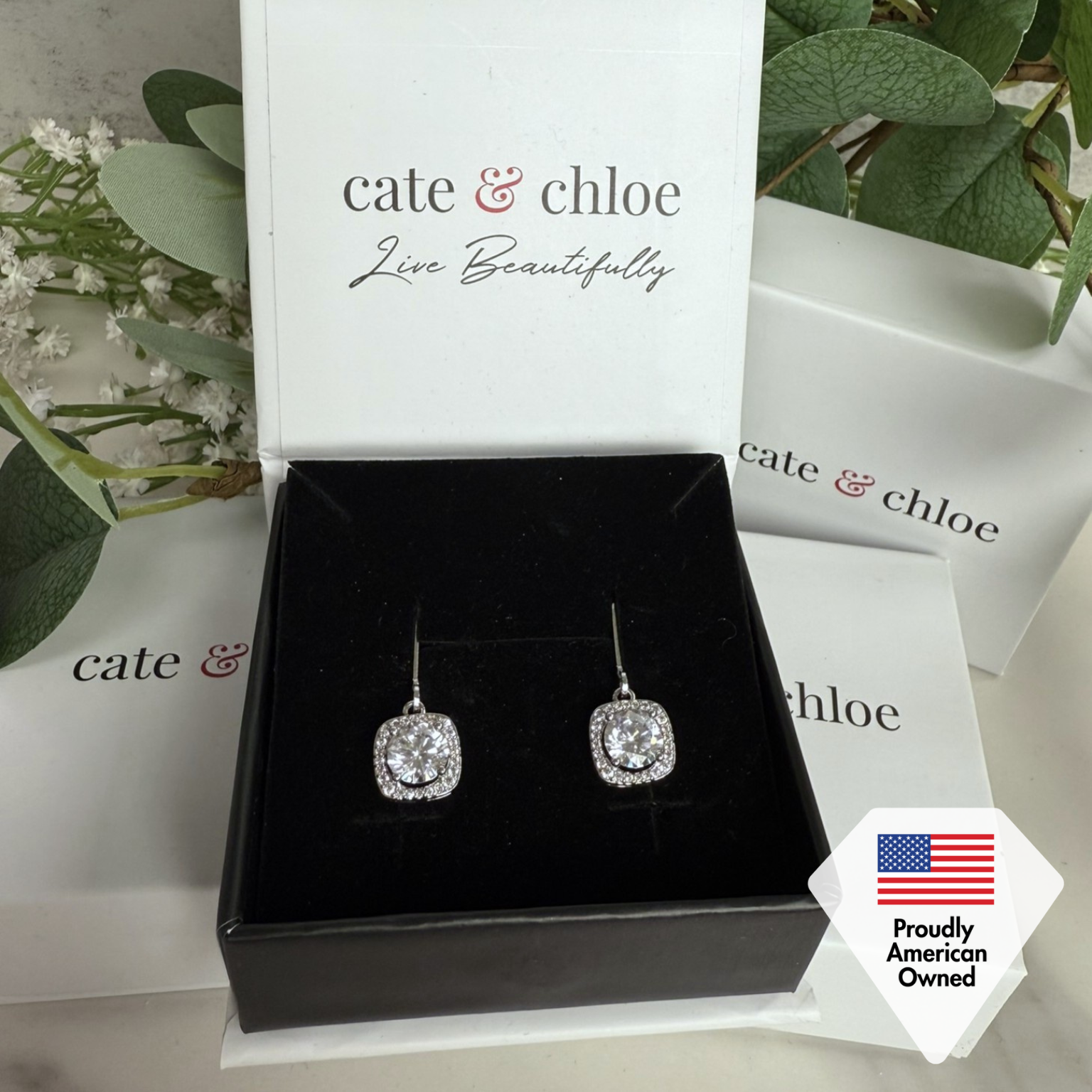 Freya 18k White Gold Plated Halo Drop Earrings with Simulated Diamond Crystals