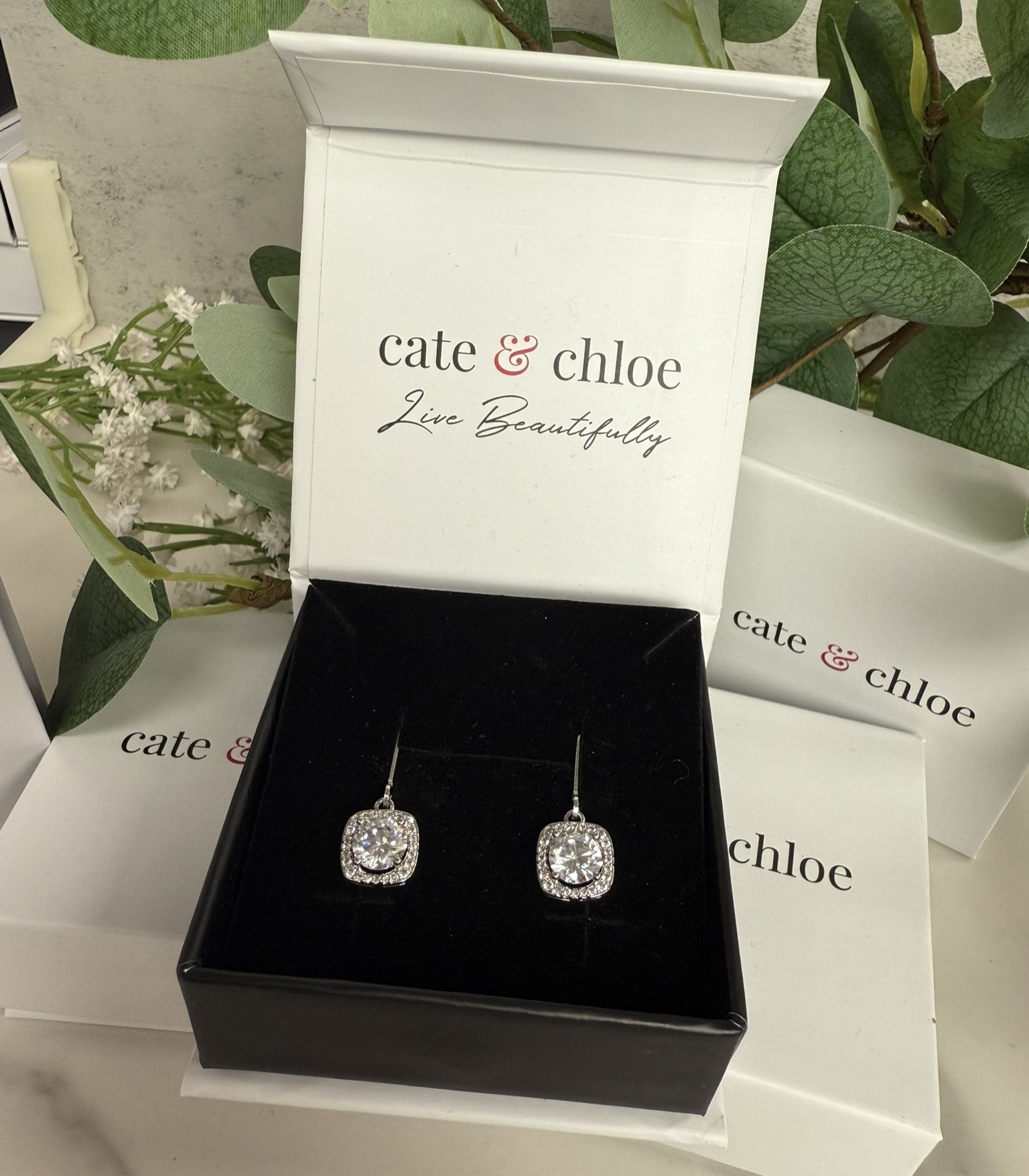 Freya 18k White Gold Plated Halo Drop Earrings with Simulated Diamond Crystals