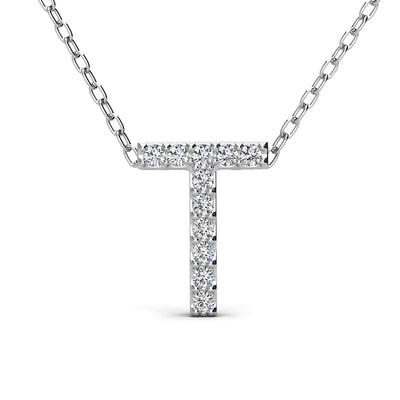 Ethereal Collection 18k White Gold Plated Initial Letter Pendant Necklace with Swarovski Crystals - T