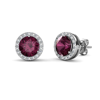 Aretes de amatista con piedra natal de febrero real, aretes de halo de plata chapados en oro blanco de 18 k con cristales de talla redonda