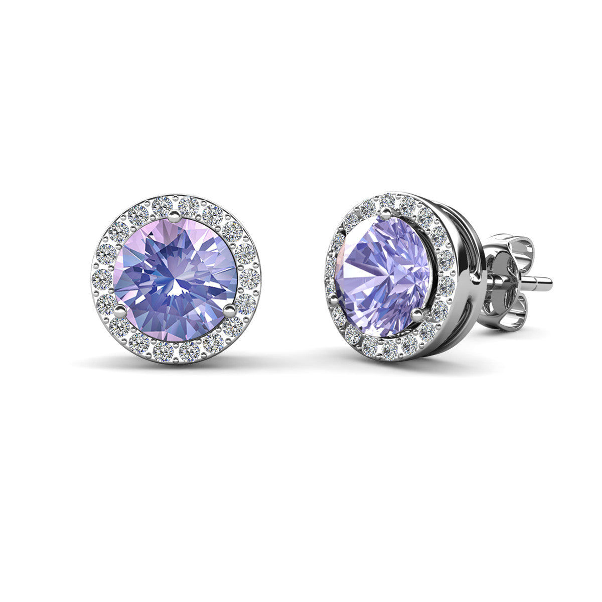 Royal June Birthstone Alexandrite Earrings, 18k White Gold Plated Silver Halo Earrings with Round Cut Crystals