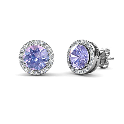 Aretes de Alejandrita con piedra natal de junio real, aretes con halo de plata bañados en oro blanco de 18 k y cristales de talla redonda