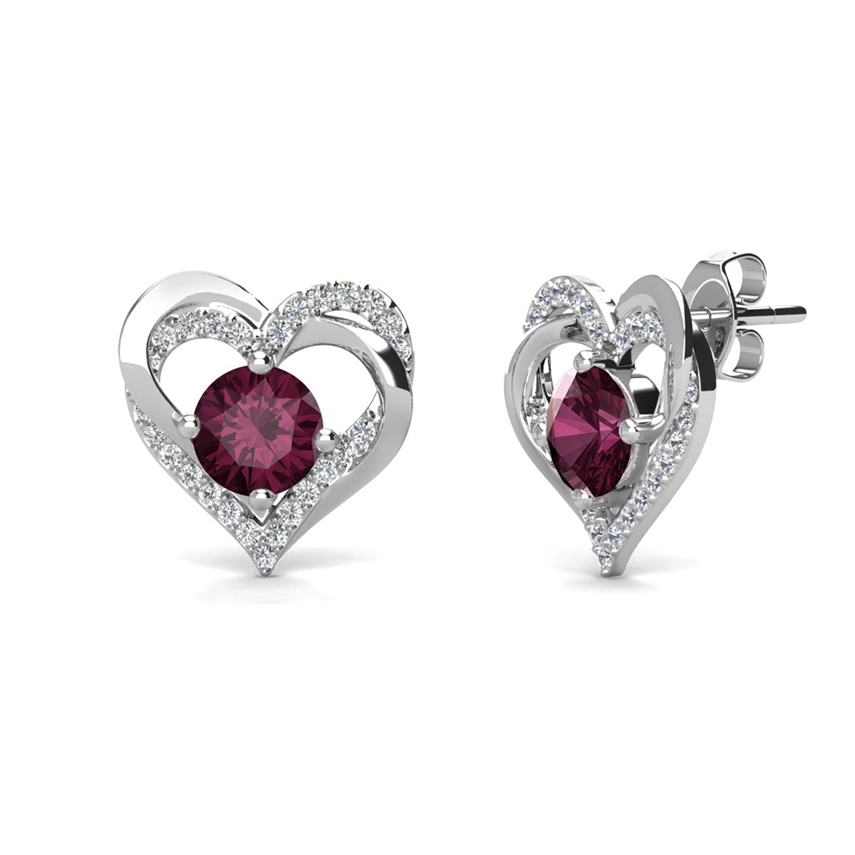 Forever February Birthstone Amethyst Earrings, 18k White Gold Plated Silver Double Heart Crystal Earrings