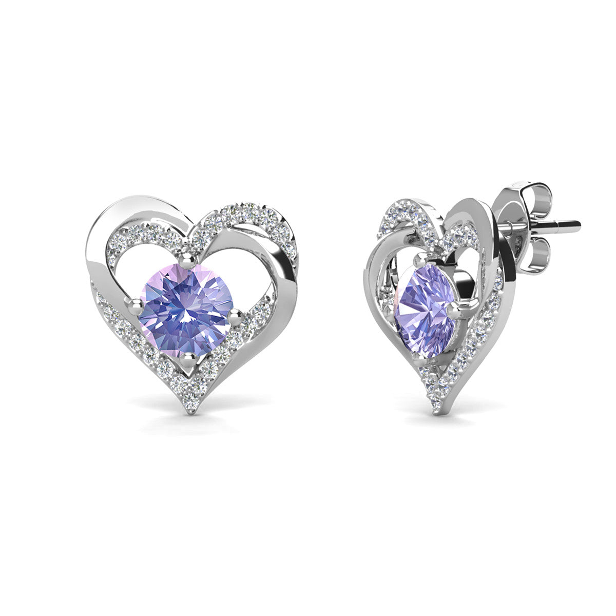 永远六月诞生石紫翠玉耳环，18k 镀白金银双心形水晶耳环