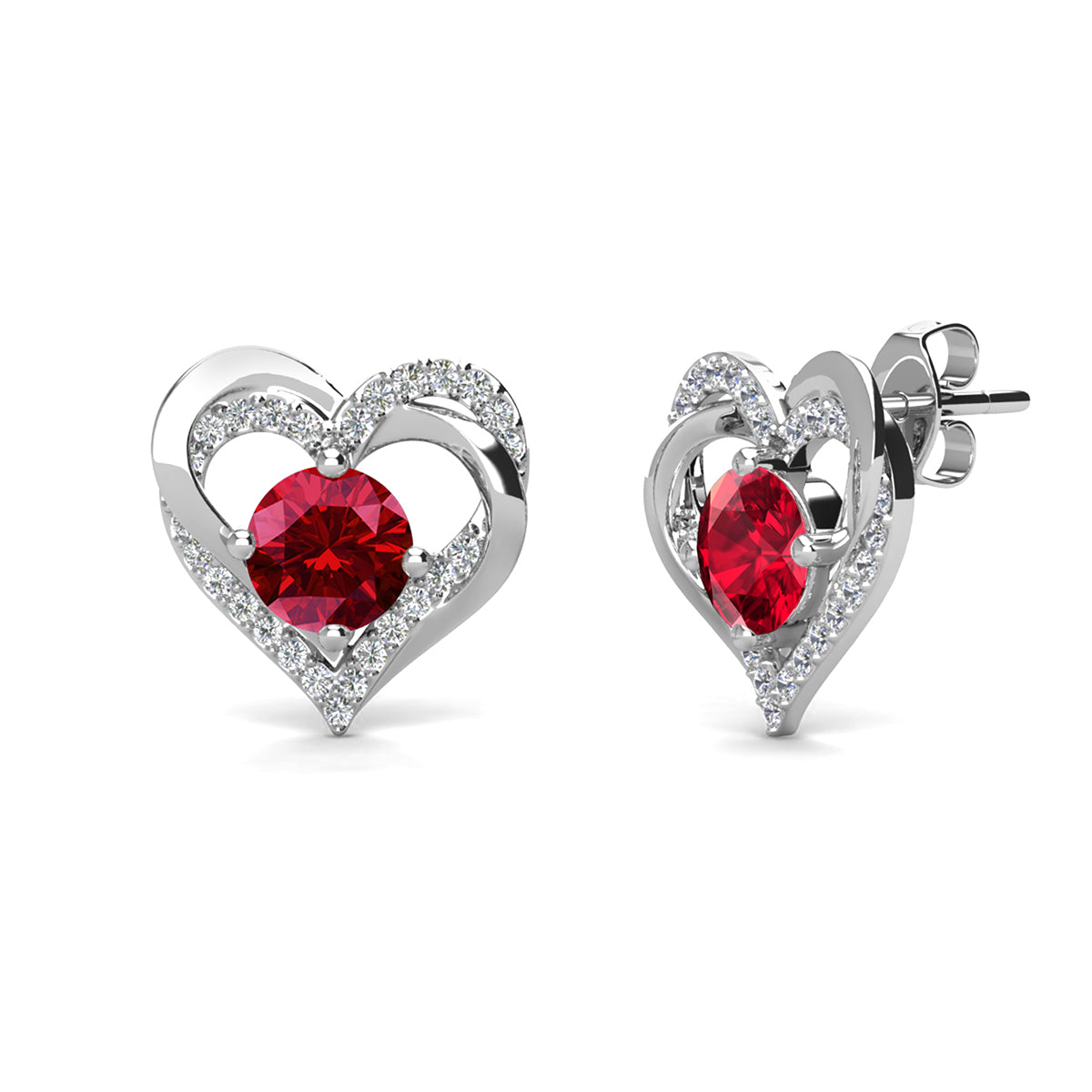 Forever January Birthstone 18k White Gold Plated Silver Double Heart stud  Earrings with Garnet  Swarovski Crystals