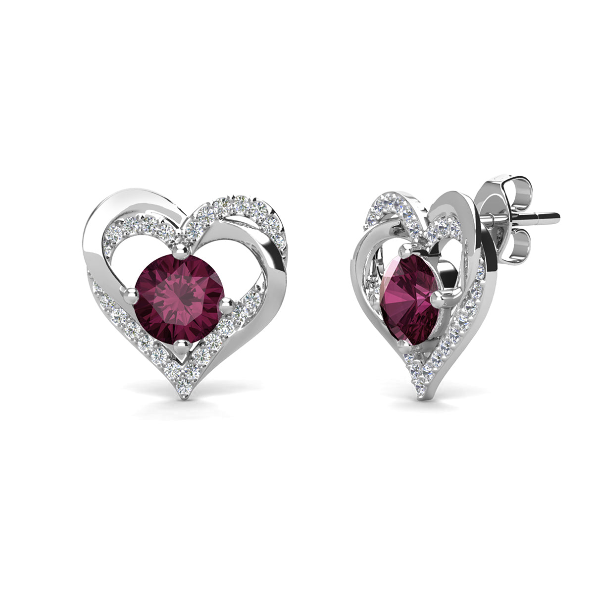 Forever February Birthstone Diamond 18k White Gold Plated Silver Double Heart Earrings with Swarovski Crystals