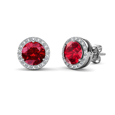 Aretes de granate con piedra natal de enero real, aretes de halo de plata bañados en oro blanco de 18 k con cristales de talla redonda