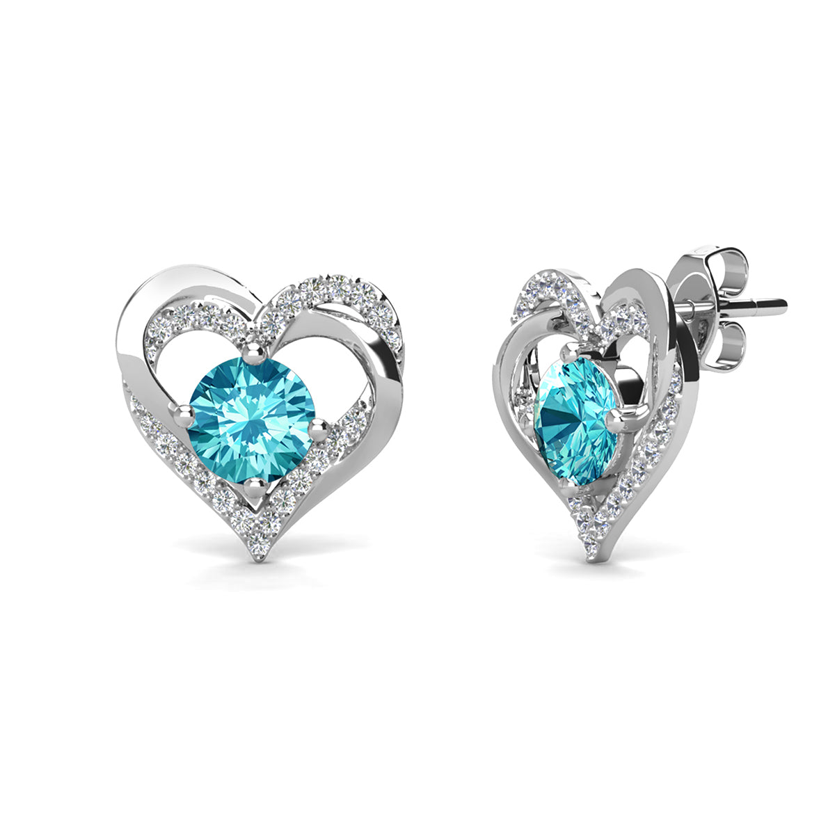 Forever March Birthstone Diamond 18k White Gold Plated Silver Double Heart Earrings with Swarovski Crystals