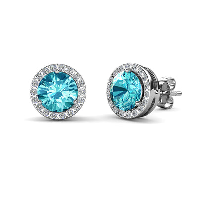 Pendientes de aguamarina con piedra natal de Royal March, pendientes de halo de plata chapados en oro blanco de 18 k con cristales de talla redonda