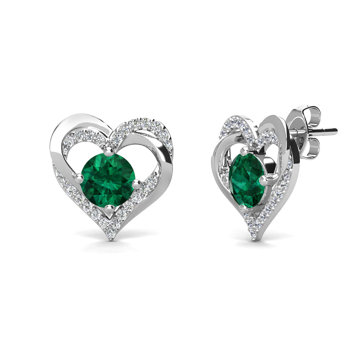 Forever May Birthstone Diamond 18k White Gold Plated Silver Double Heart Earrings with Swarovski Crystals