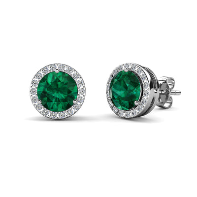Aretes con esmeralda y piedra natal de Royal May, aretes con halo de plata bañados en oro blanco de 18 k y cristales de talla redonda