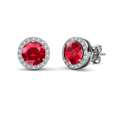 Aretes de rubí con piedra natal de julio real, aretes de halo de plata chapados en oro blanco de 18 k con cristales de talla redonda