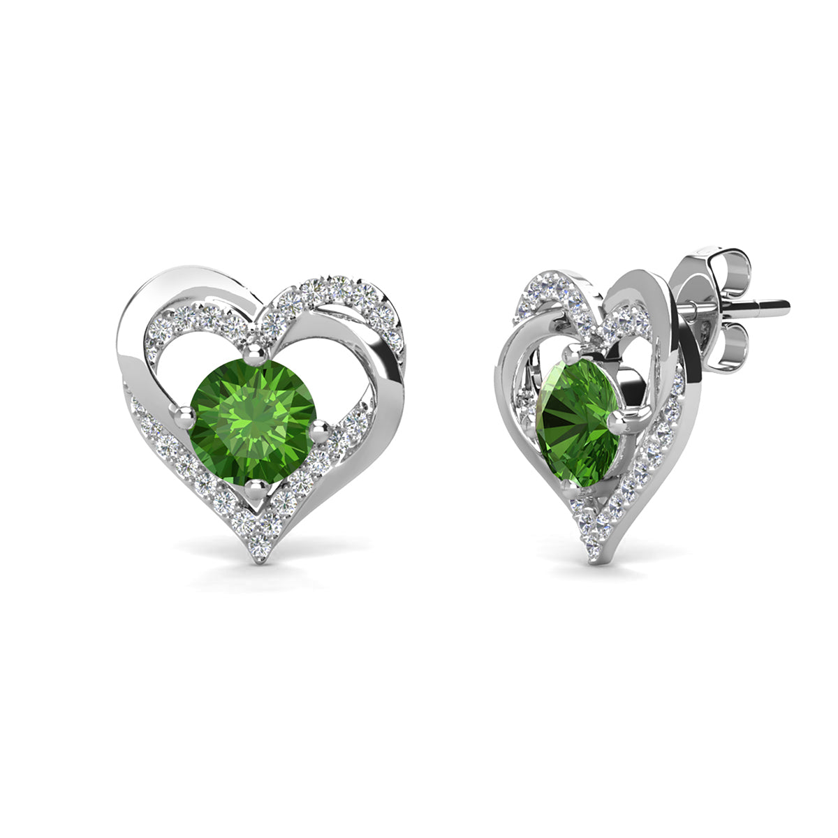 Forever Birthstone 18k White Gold Plated Silver Double Heart Earrings with Swarovski Crystals