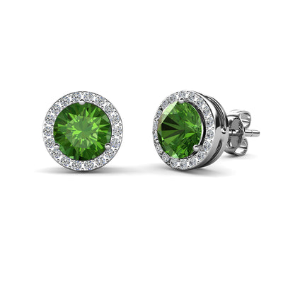 Aretes de peridoto con piedra natal de Royal August, aretes de halo de plata chapados en oro blanco de 18 k con cristales de talla redonda
