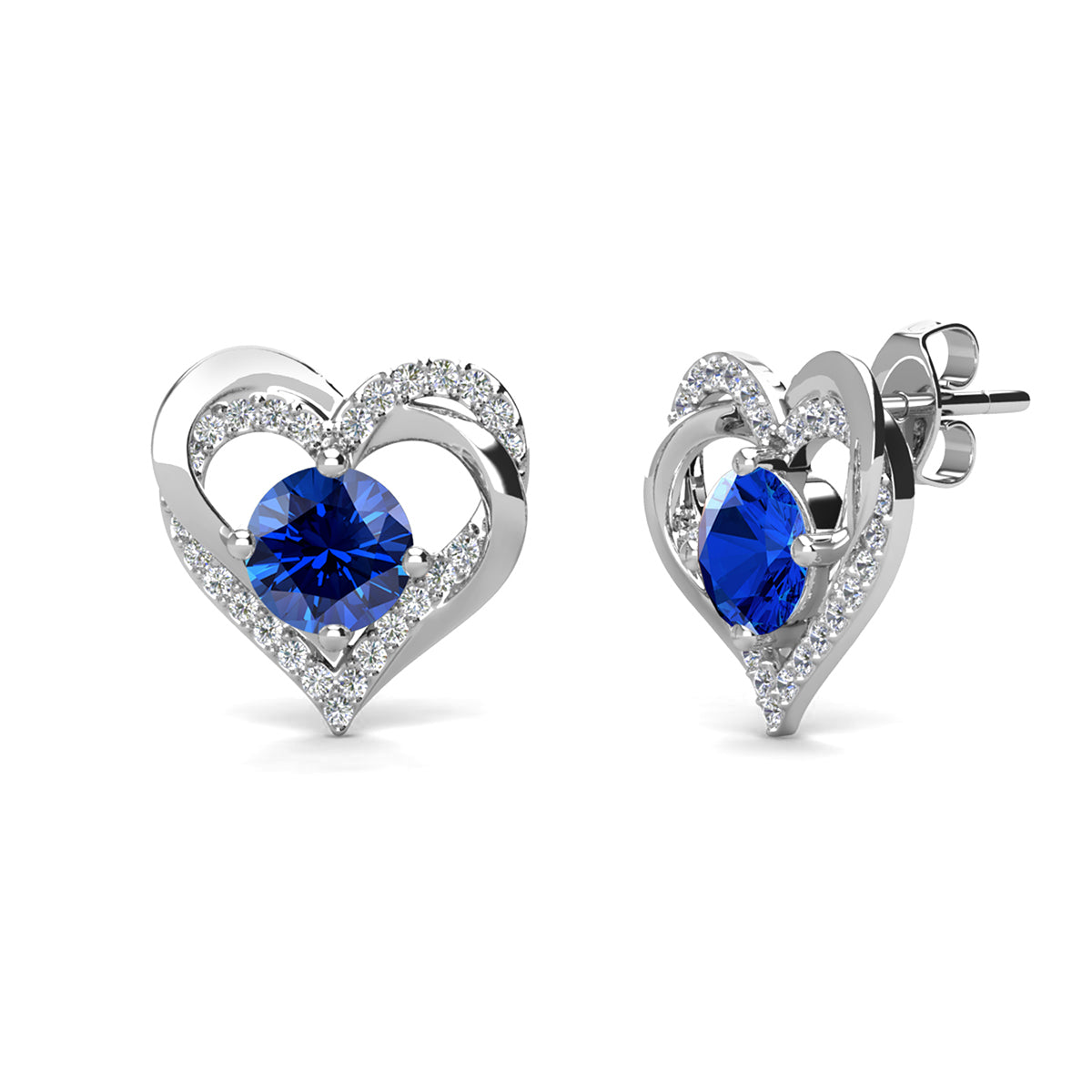 Forever 18k White Gold Plated Birthstone Double Heart Earrings with Crystals