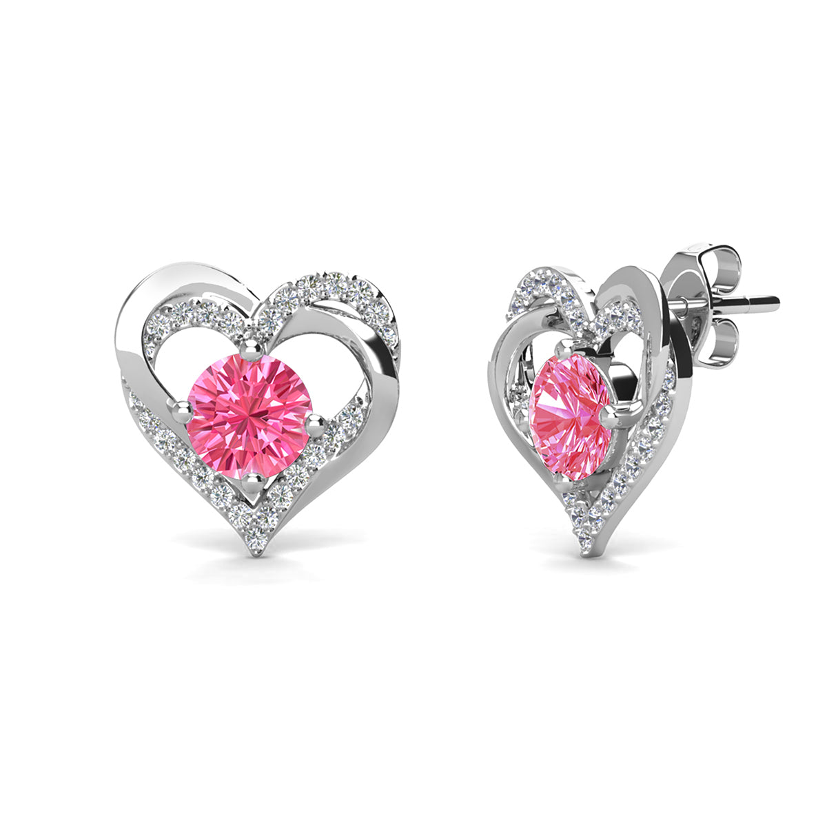 Forever October Birthstone Diamond 18k White Gold Plated Silver Double Heart Earrings with Swarovski Crystals