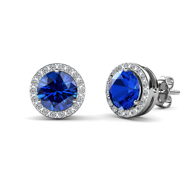Aretes de zafiro con piedra natal de septiembre real, aretes con halo de plata bañados en oro blanco de 18 k y cristales de talla redonda