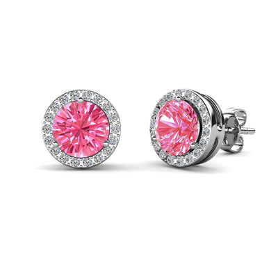 Pendientes de turmalina rosa con piedra natal de octubre real, pendientes de halo de plata chapados en oro blanco de 18 k con cristales de talla redonda