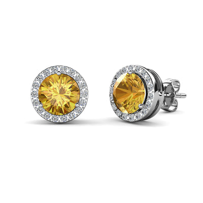 Aretes de citrino con piedra natal de noviembre real, aretes de halo de plata chapados en oro blanco de 18 k con cristales de talla redonda