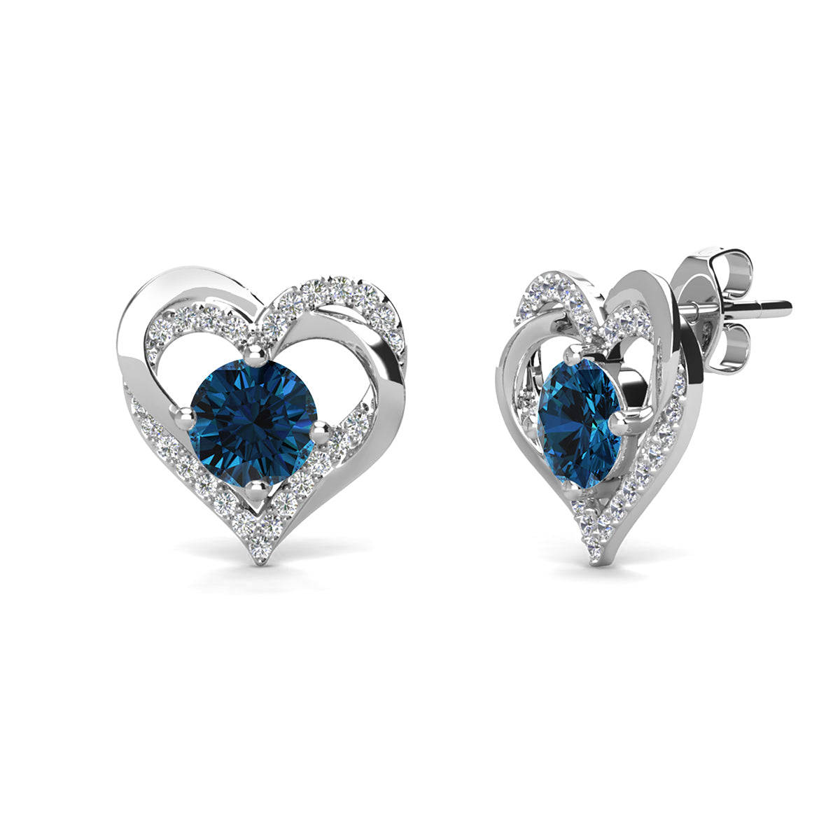 Forever Birthstone 18k White Gold Plated Silver Double Heart Earrings with Swarovski Crystals