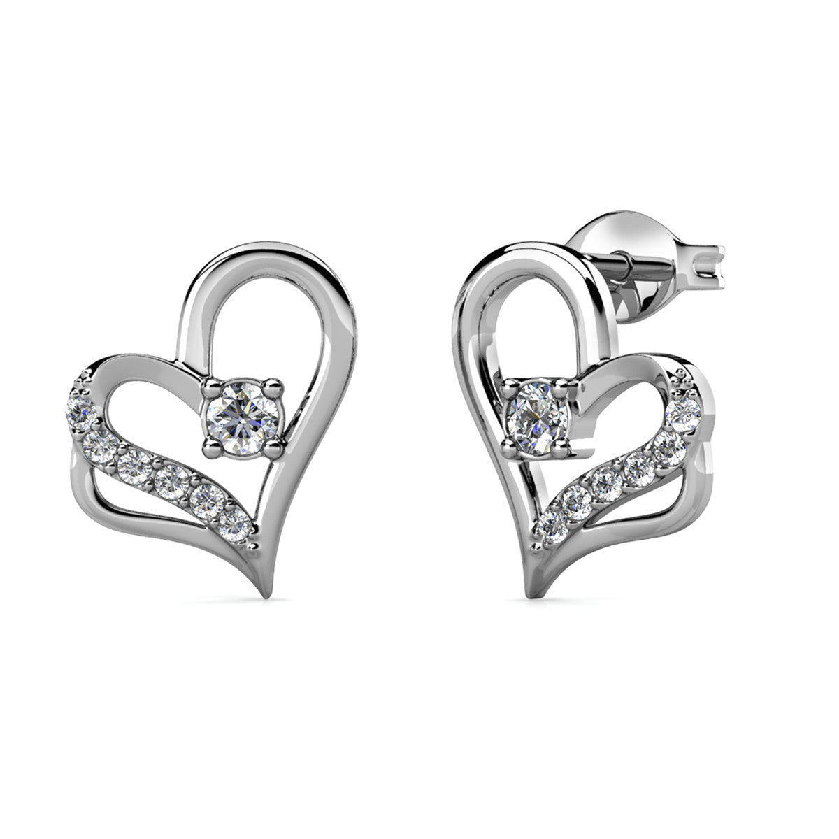 Kara 18k White Gold Plated Silver Heart Stud Earrings with Swarovski Crystals