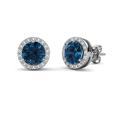 Aretes de topacio azul con piedra natal de diciembre real, aretes de halo de plata chapados en oro blanco de 18 k con cristales de talla redonda