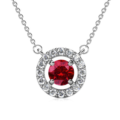 Collar real de granate con piedra natal de enero, collar con halo de plata chapado en oro blanco de 18 k y cristal de talla redonda