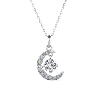 Collar con Piedra Natal Luna Chapado en Oro Blanco de 18k con Cristales de Talla Redonda