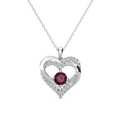 Forever February Collar con doble corazón y piedra natal de amatista chapado en oro blanco de 18 k con cristales