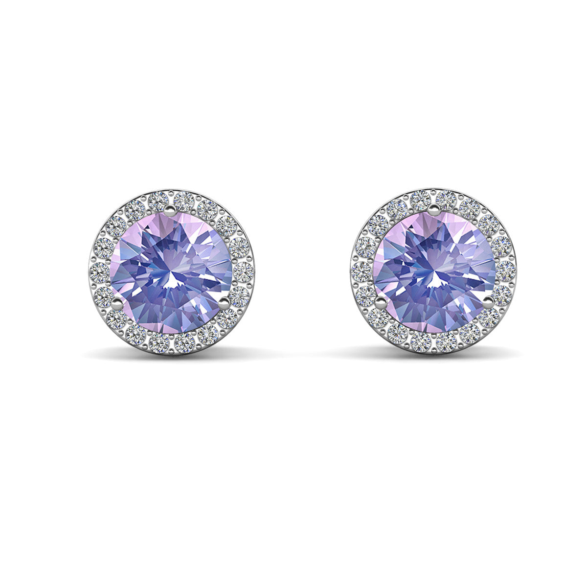 皇家六月生日石紫翠玉耳环，镀 18k 白金银色光环耳环，圆形切割水晶