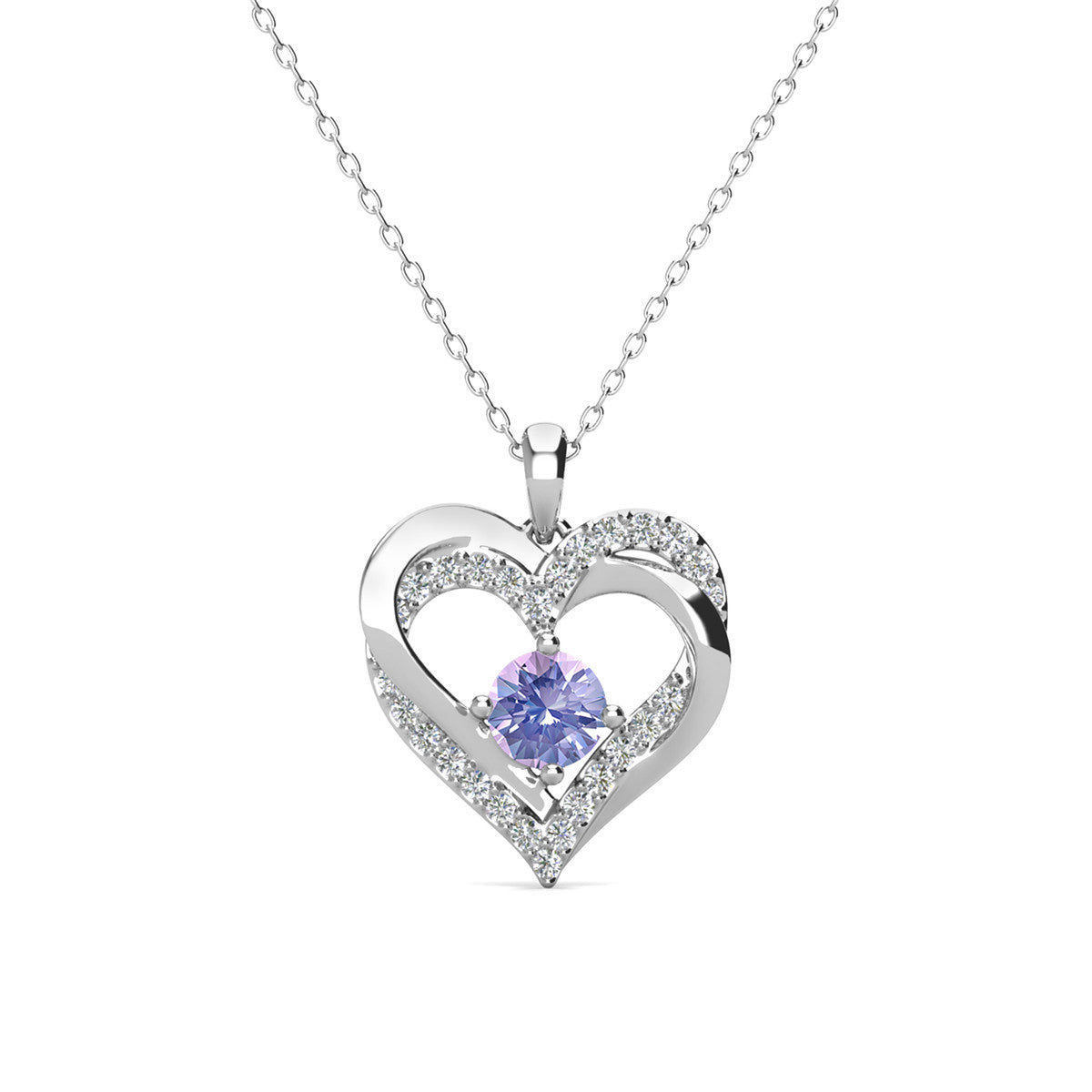永远六月诞生石紫翠玉项链，镀 18k 白金银双心形水晶项链