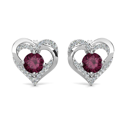Pendientes de amatista con piedra natal de febrero de Forever, pendientes de cristal de doble corazón de plata bañados en oro blanco de 18 k