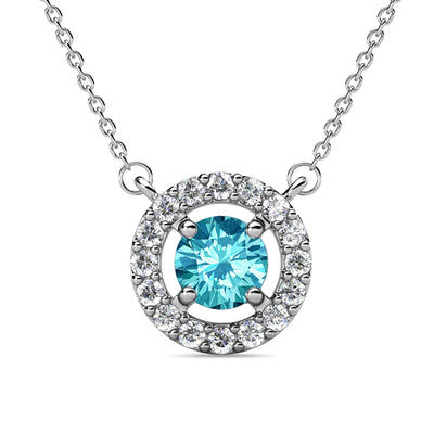 Collar de aguamarina con piedra natal de Royal March, collar de halo de plata chapado en oro blanco de 18 k con cristal de talla redonda
