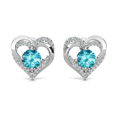 Pendientes de aguamarina con piedra natal de Forever March, pendientes de cristal de doble corazón de plata bañados en oro blanco de 18 k