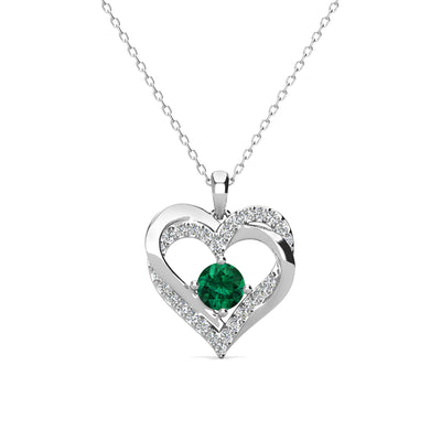 Collar de esmeralda con piedra natal de Forever May, collar de cristal de doble corazón de plata bañado en oro blanco de 18 k