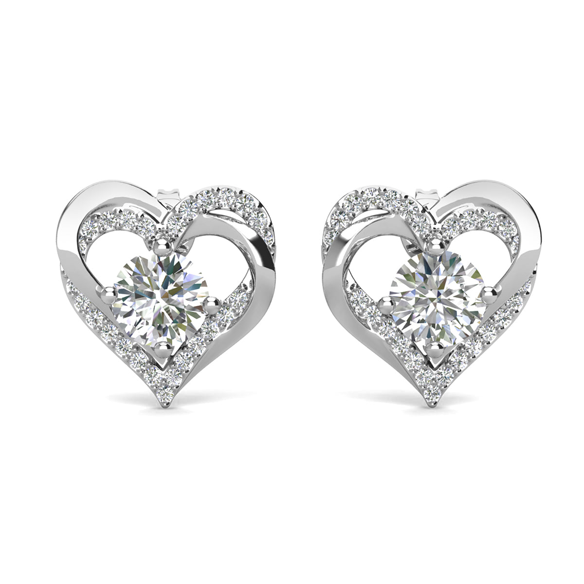 Forever 18k White Gold Plated Birthstone Double Heart Earrings with Crystals