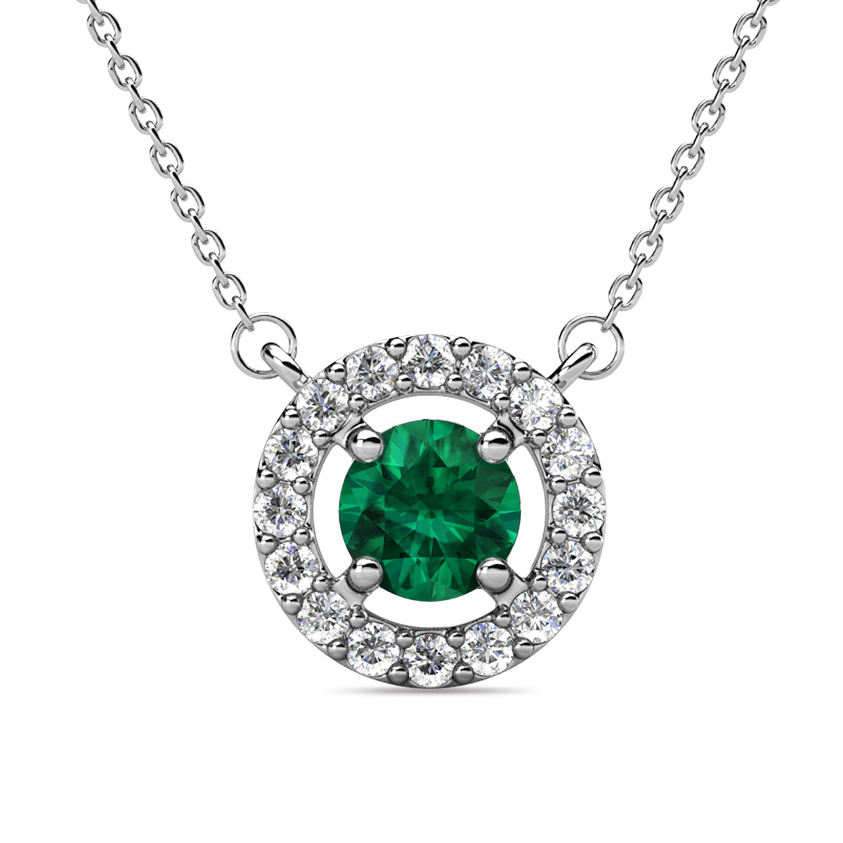 Royal 18k White Gold Plated May Birthstone Halo Necklace with Round Cut Emerald Swarovski Crystals