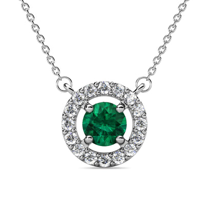 Collar con esmeralda y piedra natal de Royal May, collar con halo de plata chapado en oro blanco de 18 k y cristal de talla redonda