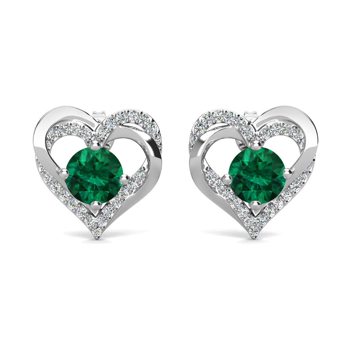 Forever May Birthstone Diamond 18k White Gold Plated Silver Double Heart Earrings with Swarovski Crystals