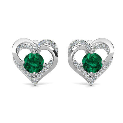 Pendientes de esmeralda con piedra natal de Forever May, pendientes de cristal de doble corazón de plata bañados en oro blanco de 18 k