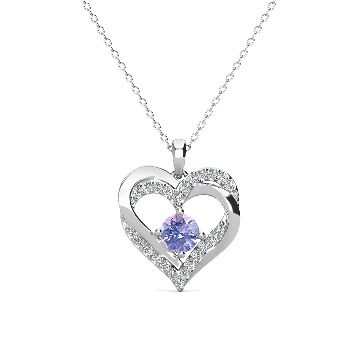 Forever June Birthstone 18k White Gold Plated Silver Double Heart Diamond Necklace with Swarovski Crystals